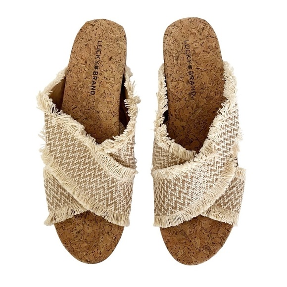Lucky Brand Sandals Women's Sz 10 Khillian Stone Open Toe Woven Cork Wedge Slide - Picture 2 of 9